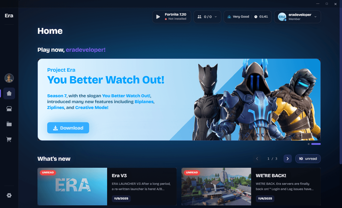 Project Era launcher showing its home screen, featured games, and application navigation.